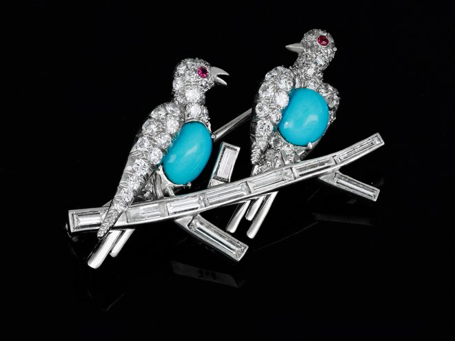 Turquoise and Diamond Bird Brooch, Circa 1950
