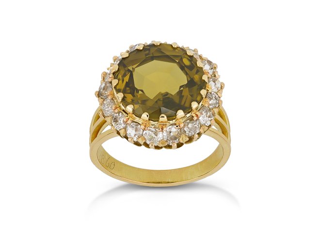 Chrysoberyl and diamond coronet cluster ring, circa 1900.