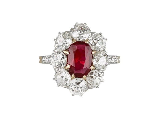 Burmese ruby and diamond coronet cluster ring, circa 1905.