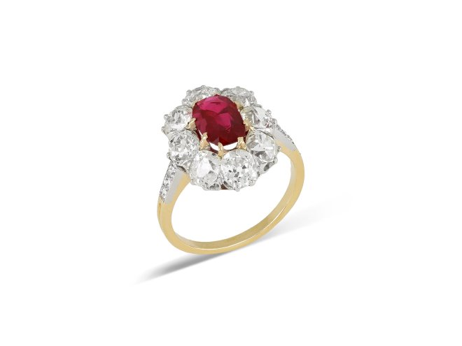 Burmese ruby and diamond coronet cluster ring, circa 1905.