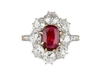 Burmese ruby and diamond coronet cluster ring, circa 1905.