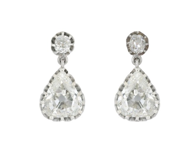 Drop shape diamond earrings, circa 1900. 