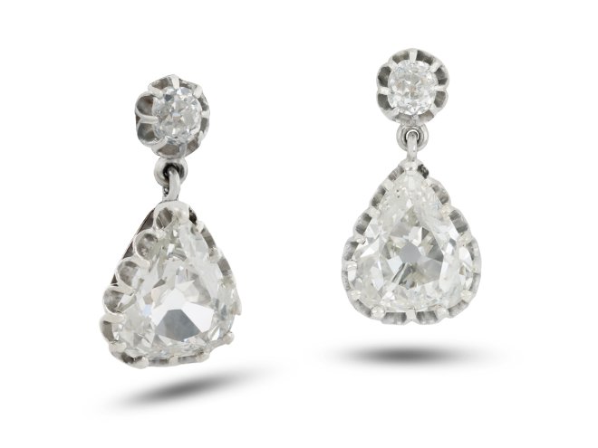 Drop shape diamond earrings, circa 1900. 