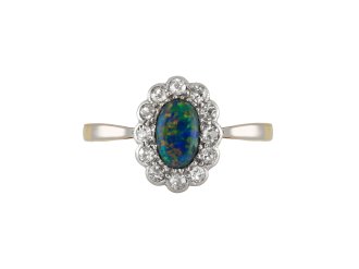 Opal and diamond coronet cluster ring, circa 1910.