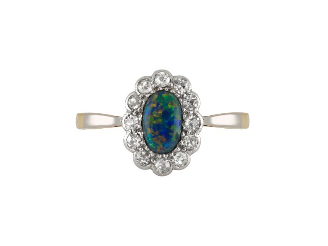 Opal and diamond cluster ring, circa 1910.