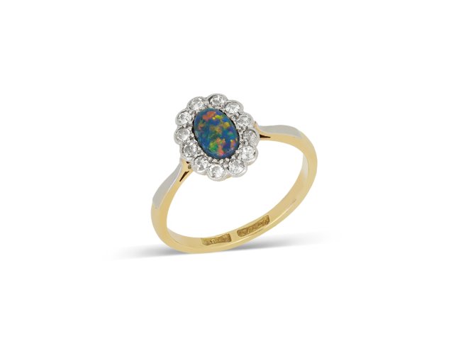 Opal and diamond cluster ring, circa 1910.
