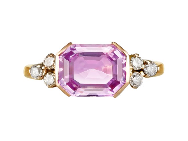 Pink Ceylon sapphire and diamond ring, circa 1970.