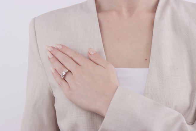 Old mine diamond three stone ring, circa 1910. 