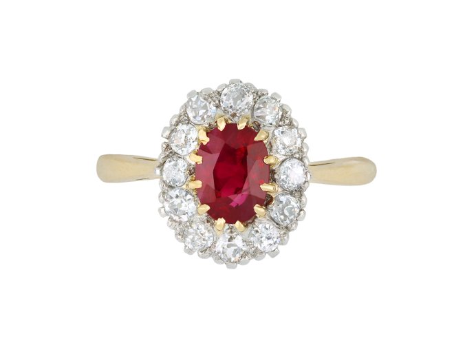 Burmese Ruby and diamond coronet cluster ring, circa 1910. 