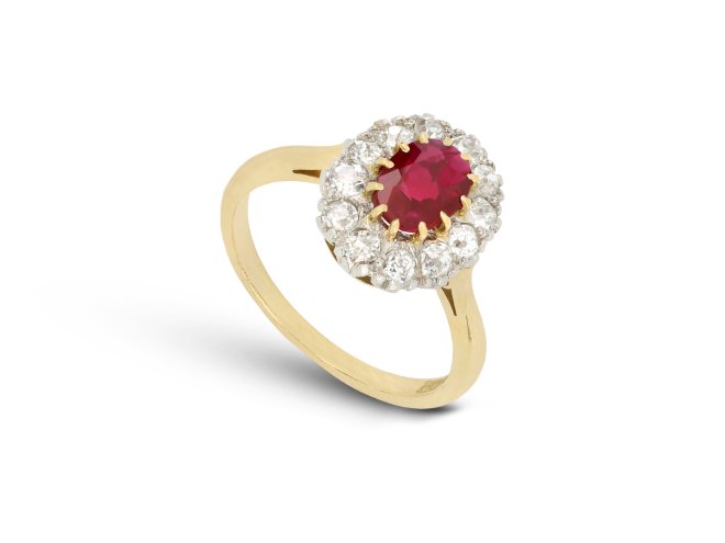 Burmese Ruby and diamond coronet cluster ring, circa 1910. 