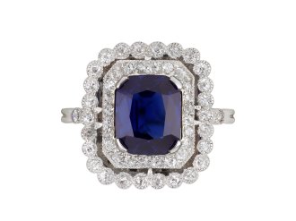 Sapphire and diamond cluster ring, French, circa 1915.