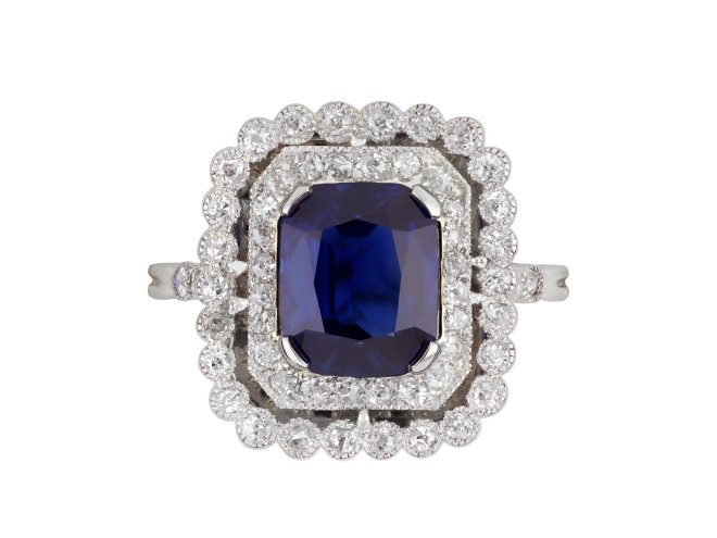 Sapphire and diamond cluster ring, French, circa 1915.