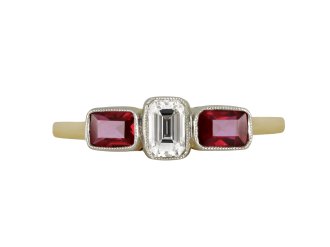 Diamond and ruby three stone ring, circa 1920.