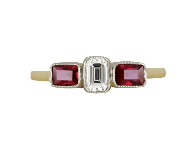 Diamond and ruby three stone ring, circa 1940.