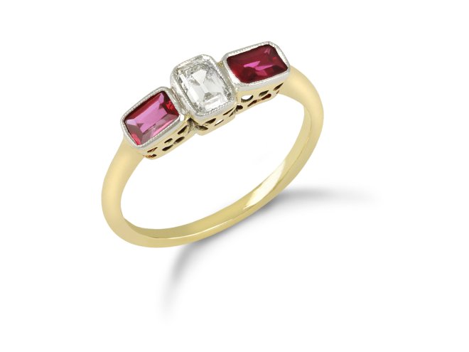 Diamond and ruby three stone ring, circa 1940.