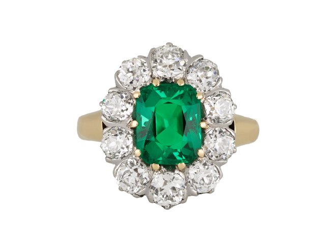 Colombian emerald and diamond coronet cluster ring, circa 1910.