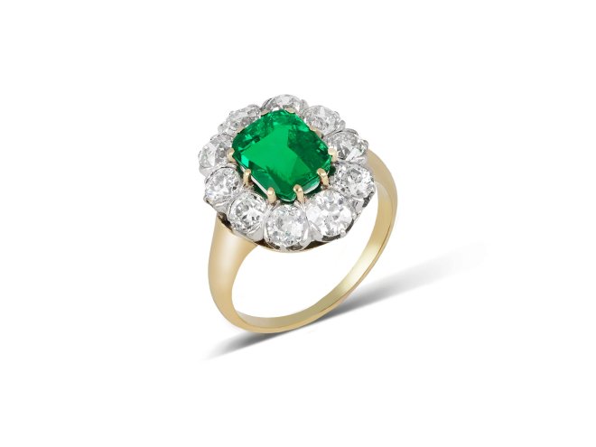 Colombian emerald and diamond coronet cluster ring, circa 1910.