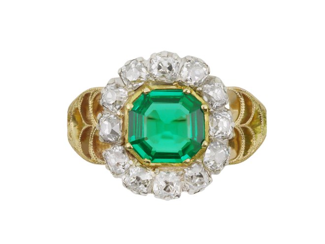 Colombian emerald and diamond coronet cluster ring, circa 1870.