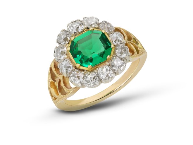 Colombian emerald and diamond coronet cluster ring, circa 1870.