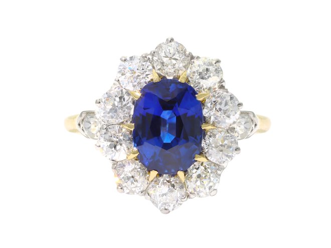 Edwardian Ceylon sapphire and diamond coronet cluster ring, circa 1910.