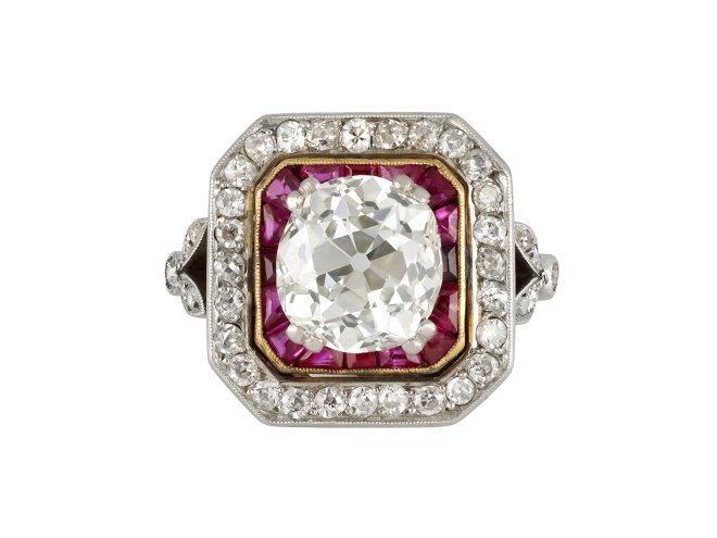 Old mine diamond and ruby target ring, circa 1920.