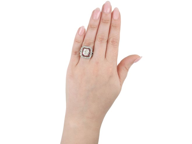 Old mine diamond and ruby target ring, circa 1920.