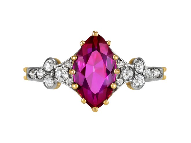 Burmese ruby and diamond flanked solitaire ring, circa 1915. 