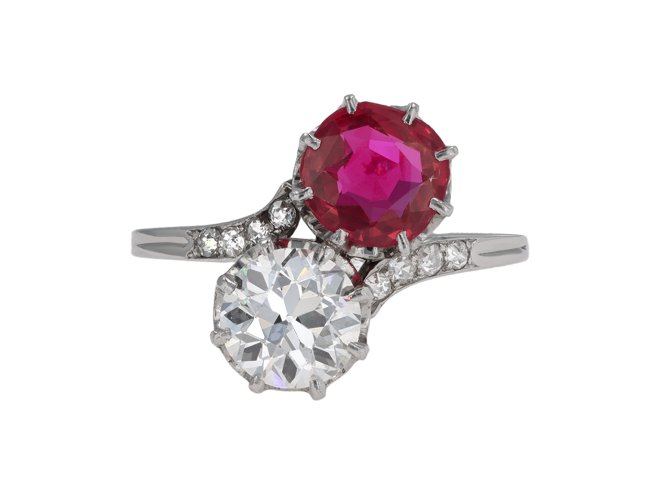 Burmese ruby and diamond crossover ring, French, circa 1915.