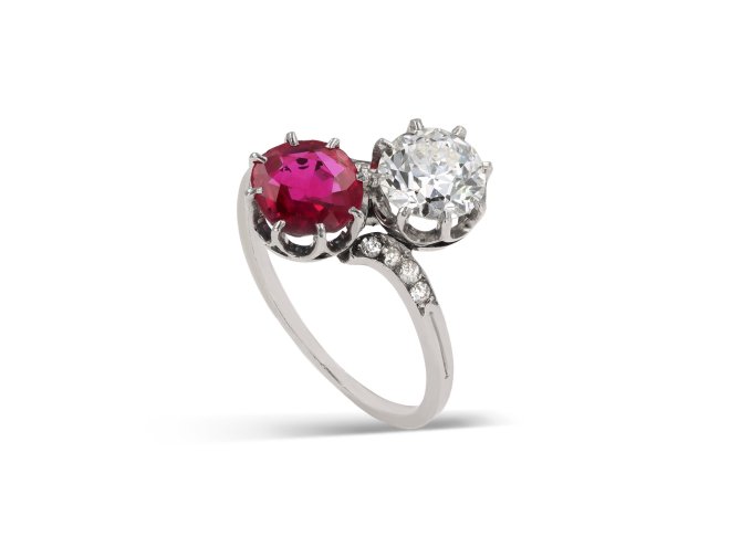 Burmese ruby and diamond crossover ring, French, circa 1915.