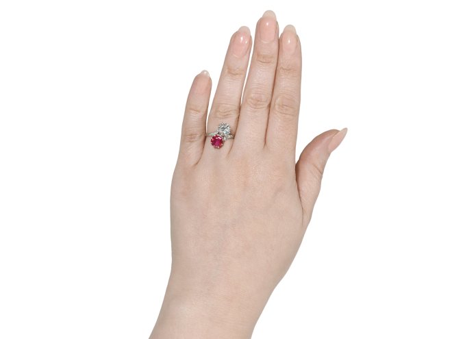 Burmese ruby and diamond crossover ring, French, circa 1915.