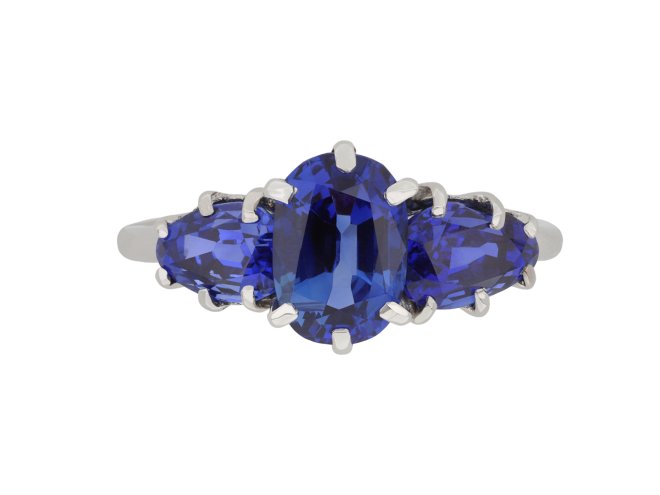 Burmese sapphire three stone ring, circa 1920. 