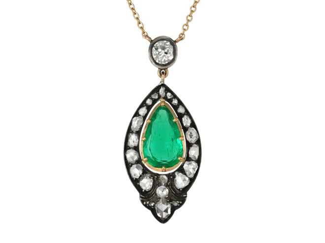 Colombian emerald and diamond pendant, circa 1880. 
