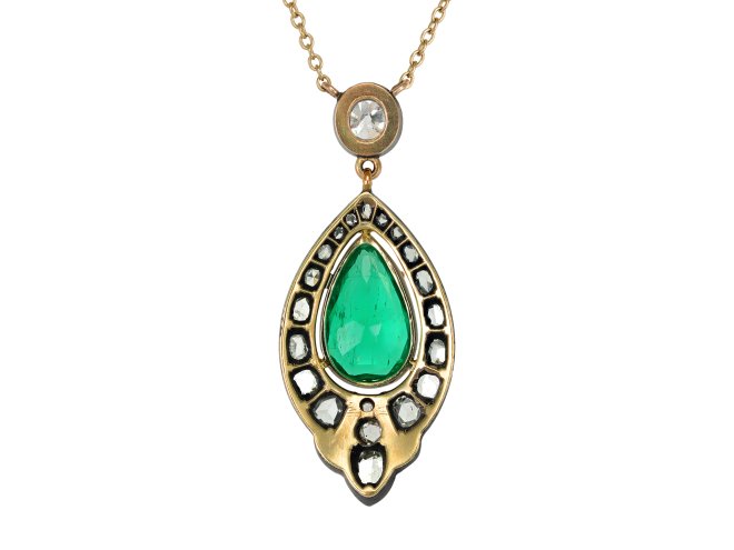 Colombian emerald and diamond pendant, circa 1880. 