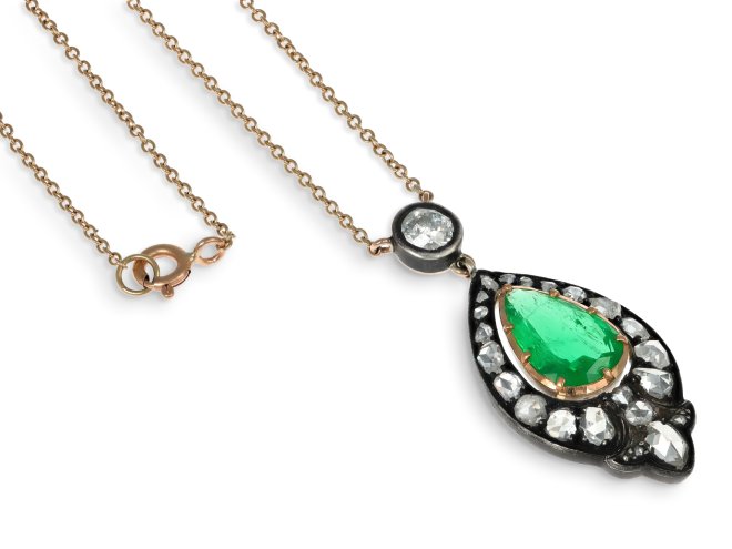 Colombian emerald and diamond pendant, circa 1880. 