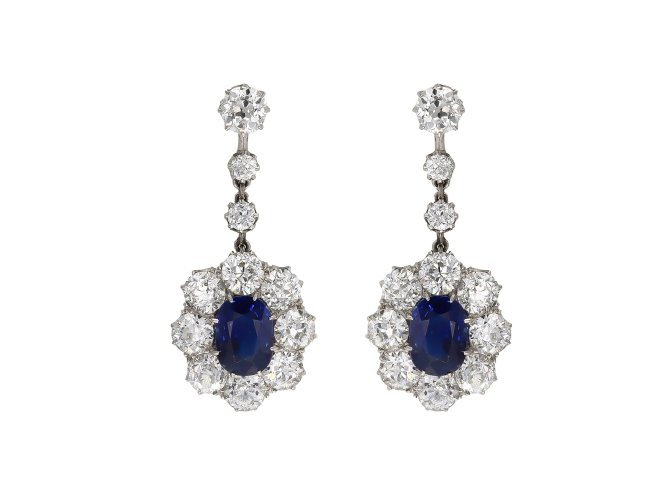 Sapphire and diamond cluster earrings, circa 1920.