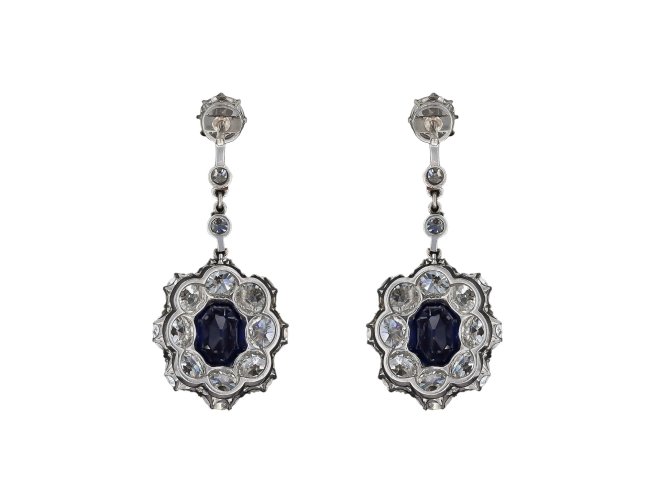 Sapphire and diamond cluster earrings, circa 1920.