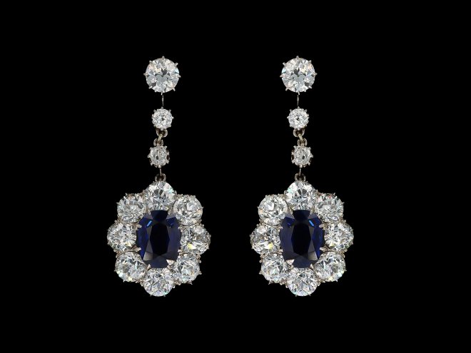 Sapphire and diamond cluster earrings, circa 1920.Sapphire and diamond cluster earrings, circa 1920.