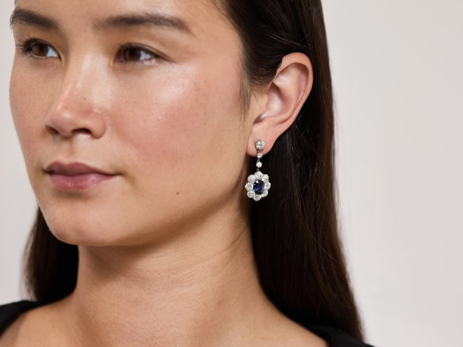 Sapphire and diamond cluster earrings, circa 1920.
