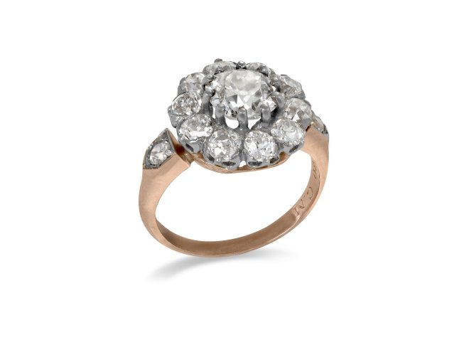 Diamond coronet cluster ring, circa 1910. 