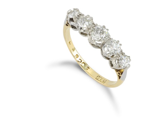 Edwardian old mine diamond five stone ring, circa 1910. 