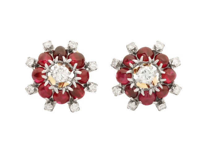Burmese ruby and diamond cluster earrings, circa 1950.