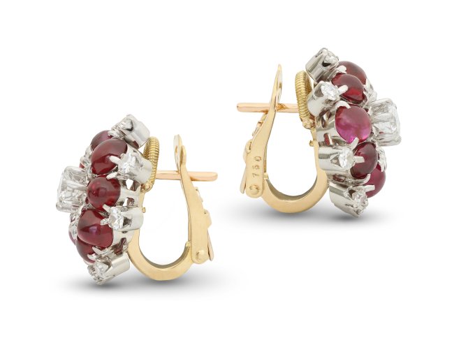 Burmese ruby and diamond cluster earrings, circa 1950.