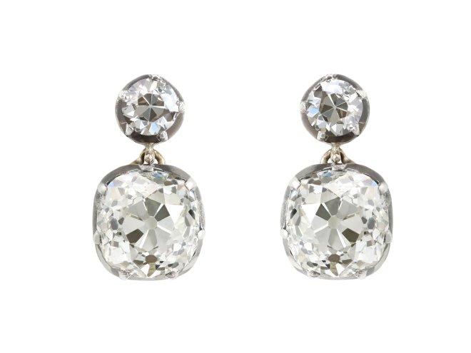 Old mine diamond drop earrings, circa 1880.