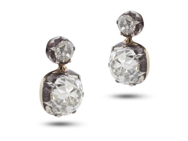 Old mine diamond drop earrings, circa 1880.