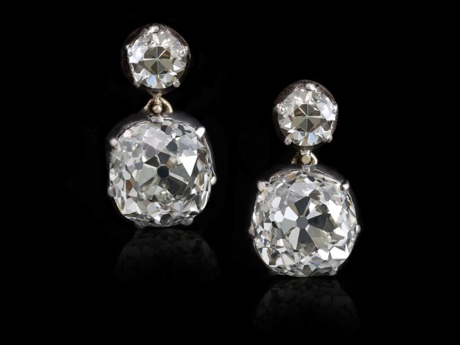 Old mine diamond drop earrings, circa 1880.
