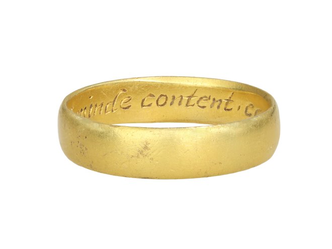 Post medieval gold posy ring, 'A minde content cannot repent' circa 17th century.