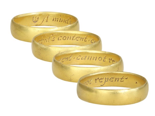 Post medieval gold posy ring, 'A minde content cannot repent' circa 17th century.