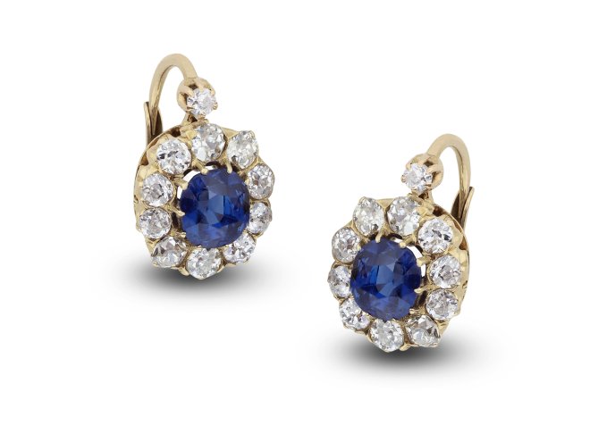 Sapphire and diamond cluster earrings, circa 1890.