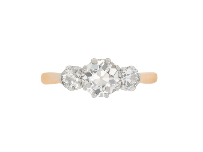 Old cut diamond three stone ring, circa 1910.