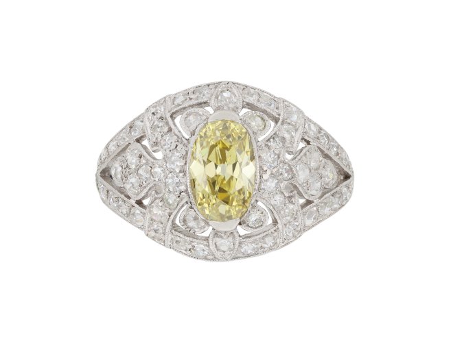 Yellow diamond cluster ring, French, circa 1925.